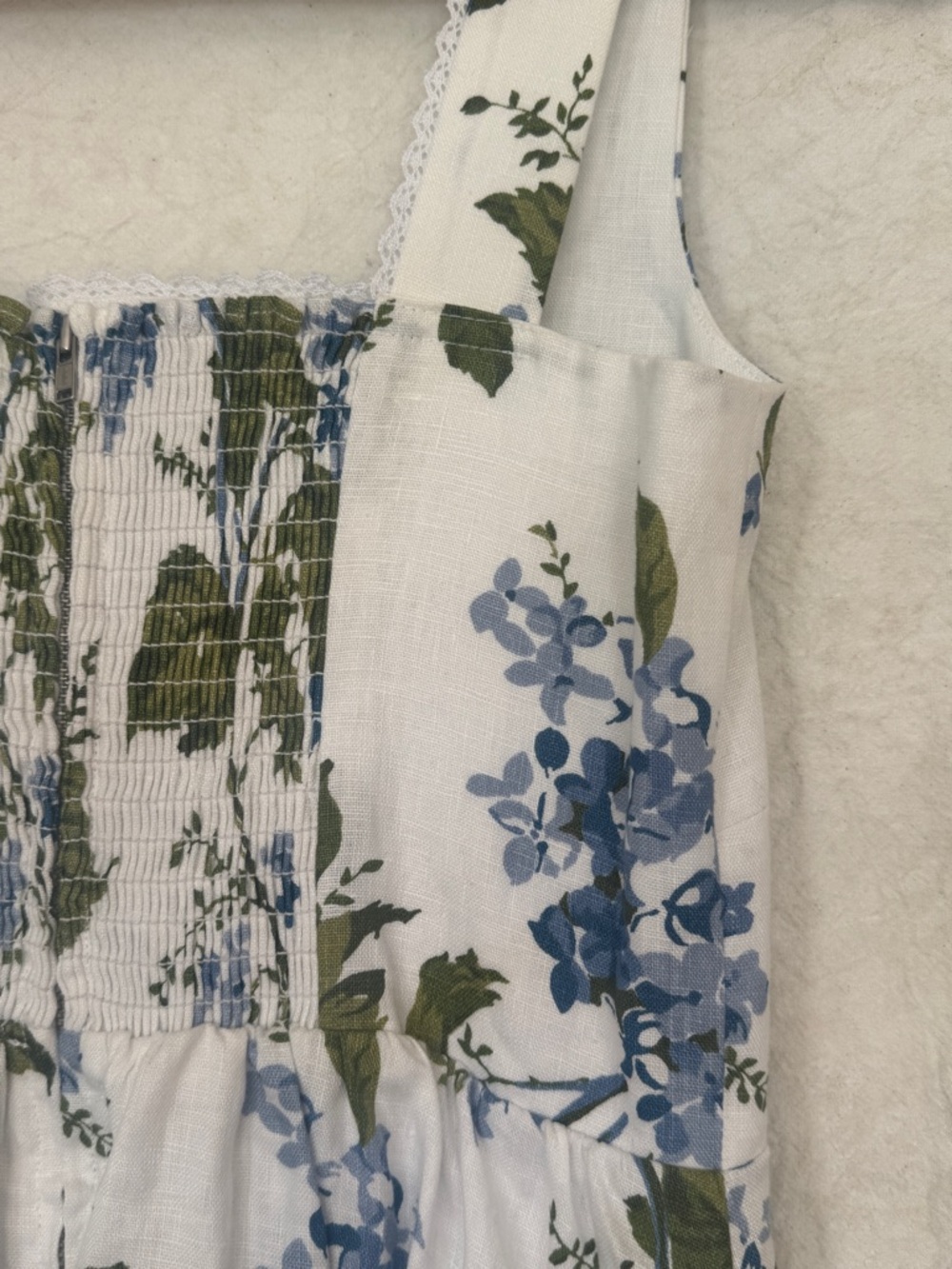 Reformation White Midi Dress with Blue Floral and Green Leaves - Picture 5 of 9